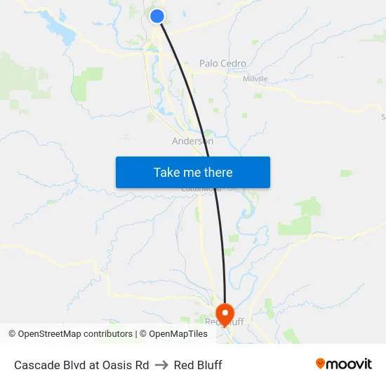 Cascade Blvd at Oasis Rd to Red Bluff map