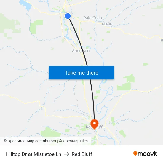 Hilltop Dr at Mistletoe Ln to Red Bluff map