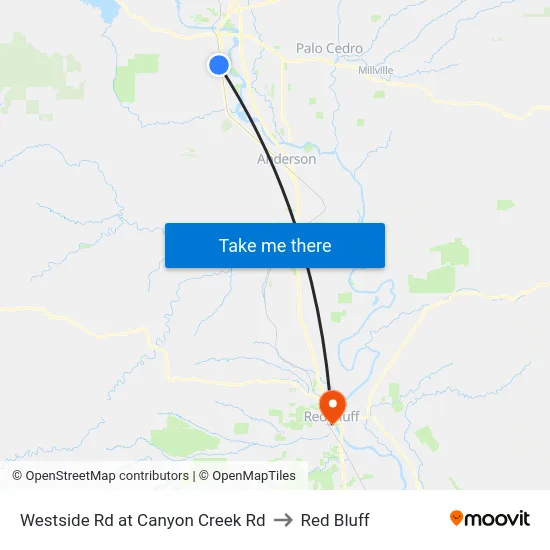 Westside Rd at Canyon Creek Rd to Red Bluff map