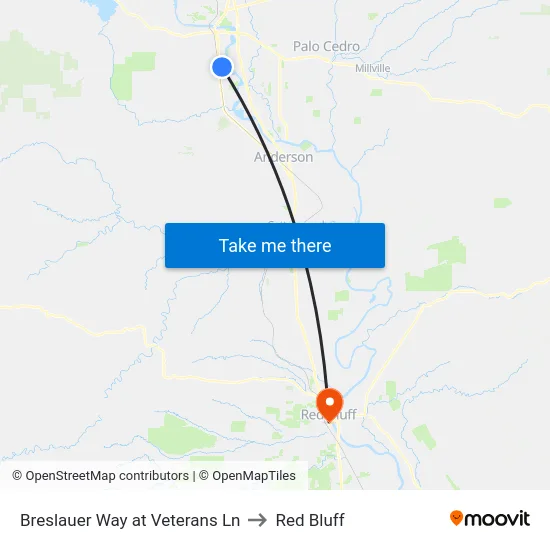 Breslauer Way at Veterans Ln to Red Bluff map