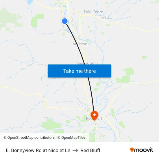 E. Bonnyview Rd at Nicolet Ln to Red Bluff map