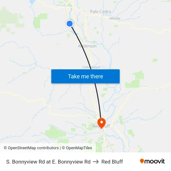S. Bonnyview Rd at E. Bonnyview Rd to Red Bluff map