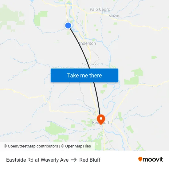 Eastside Rd at Waverly Ave to Red Bluff map