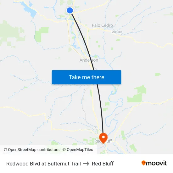 Redwood Blvd at Butternut Trail to Red Bluff map