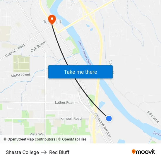 Shasta College to Red Bluff map
