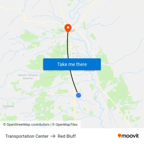Transportation Center to Red Bluff map