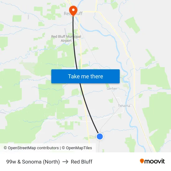 99w & Sonoma (North) to Red Bluff map
