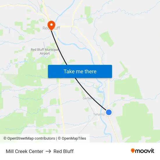 Mill Creek Center to Red Bluff map