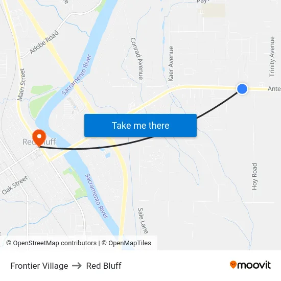 Frontier Village to Red Bluff map