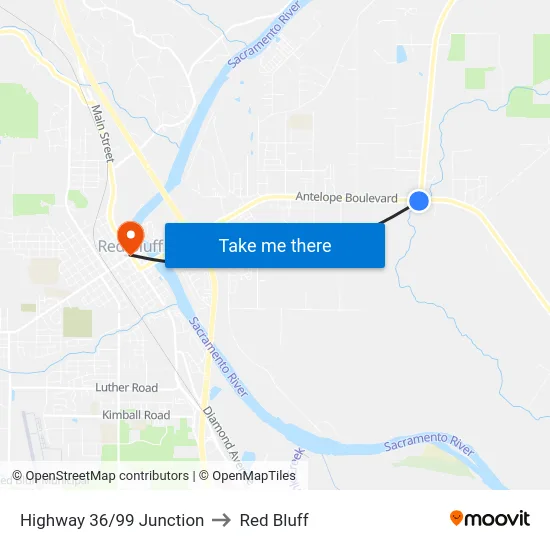 Highway 36/99 Junction to Red Bluff map