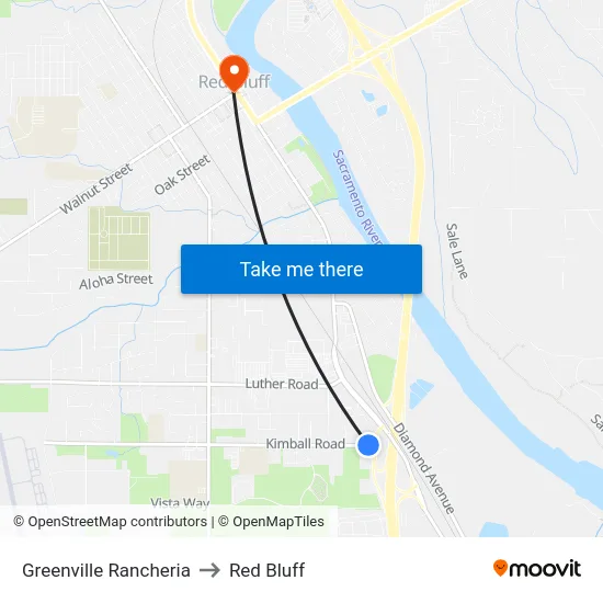 Greenville Rancheria to Red Bluff map