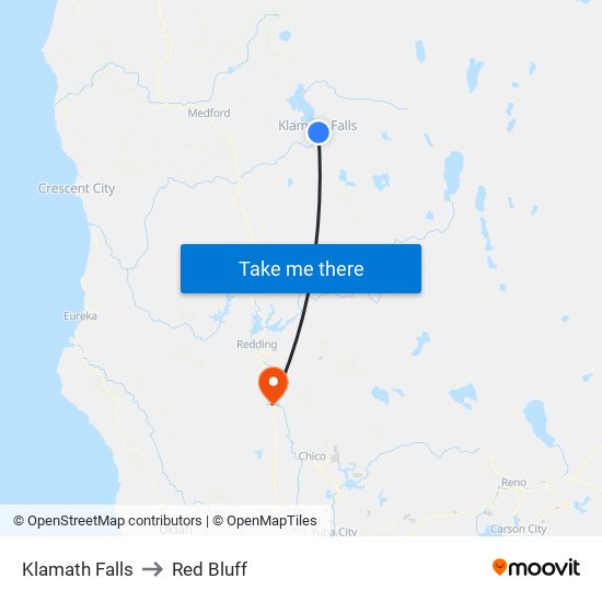 Klamath Falls to Red Bluff map