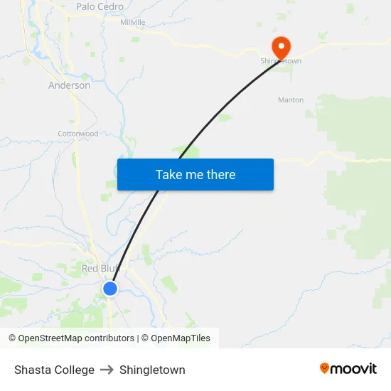 Shasta College to Shingletown map