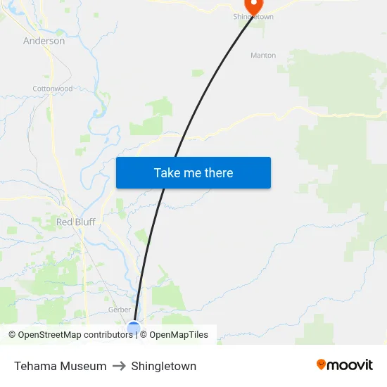 Tehama Museum to Shingletown map