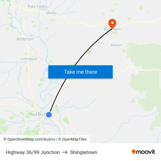 Highway 36/99 Junction to Shingletown map