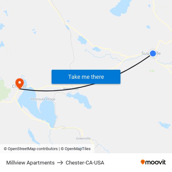 Millview Apartments to Chester-CA-USA map