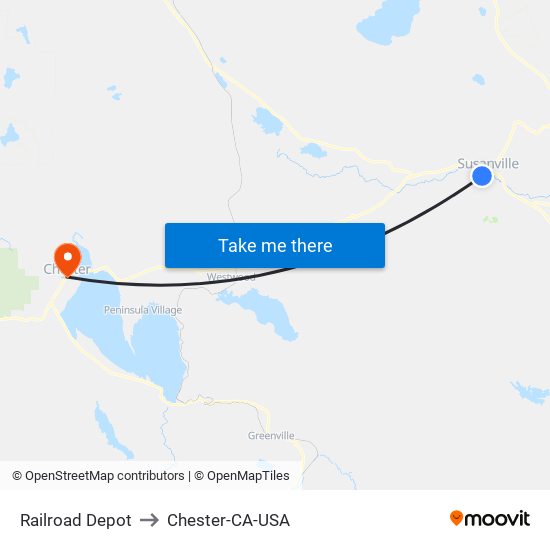 Railroad Depot to Chester-CA-USA map