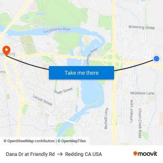 Dana Dr at Friendly Rd to Redding CA USA map