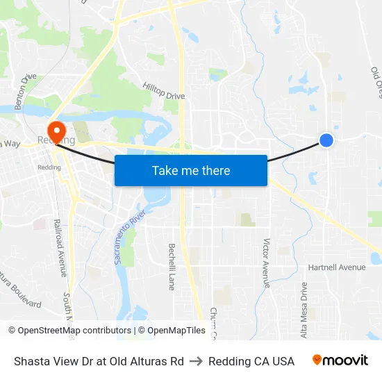 Shasta View Dr at Old Alturas Rd to Redding CA USA map