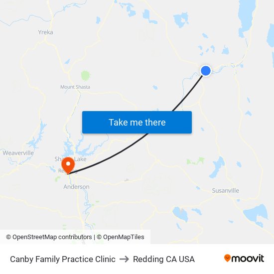 Canby Family Practice Clinic to Redding CA USA map