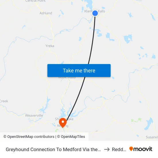 Greyhound Connection To Medford Via the Shuttle Klamath Falls + Amtrak Klamath Falls Rail Station (Kfs) to Redding CA USA map