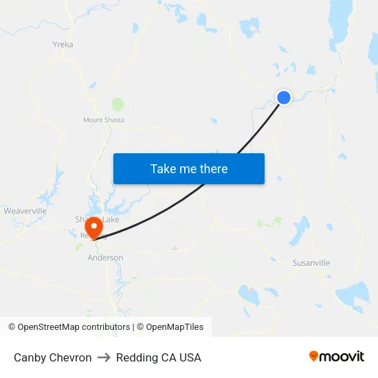 Canby Chevron to Redding CA USA map