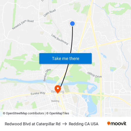 Redwood Blvd at Caterpillar Rd to Redding CA USA map