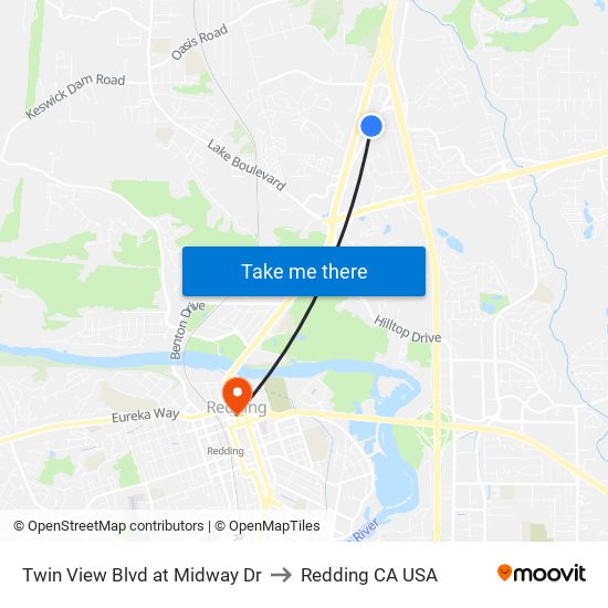 Twin View Blvd at Midway Dr to Redding CA USA map