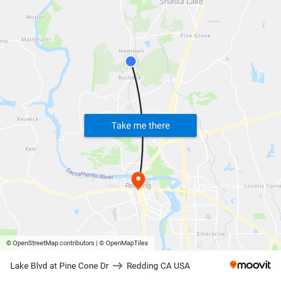 Lake Blvd at Pine Cone Dr to Redding CA USA map