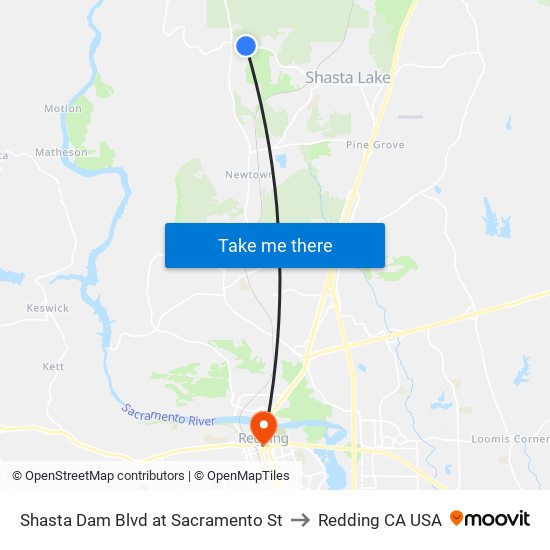 Shasta Dam Blvd at Sacramento St to Redding CA USA map