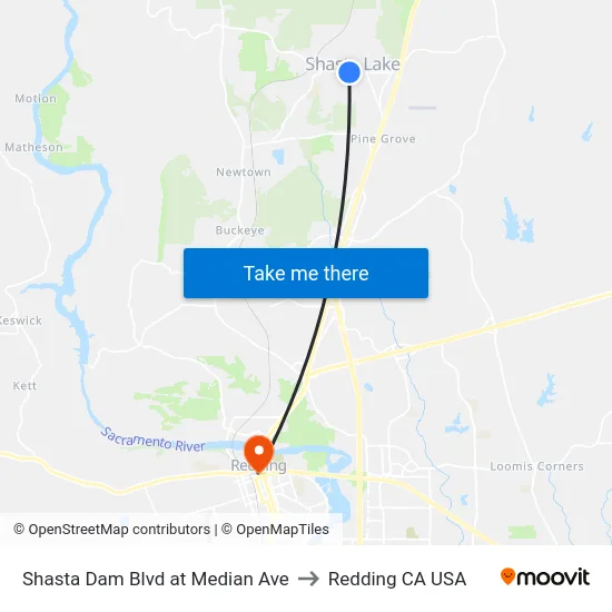 Shasta Dam Blvd at Median Ave to Redding CA USA map