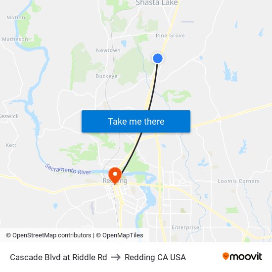 Cascade Blvd at Riddle Rd to Redding CA USA map