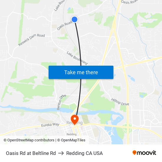 Oasis Rd at Beltline Rd to Redding CA USA map