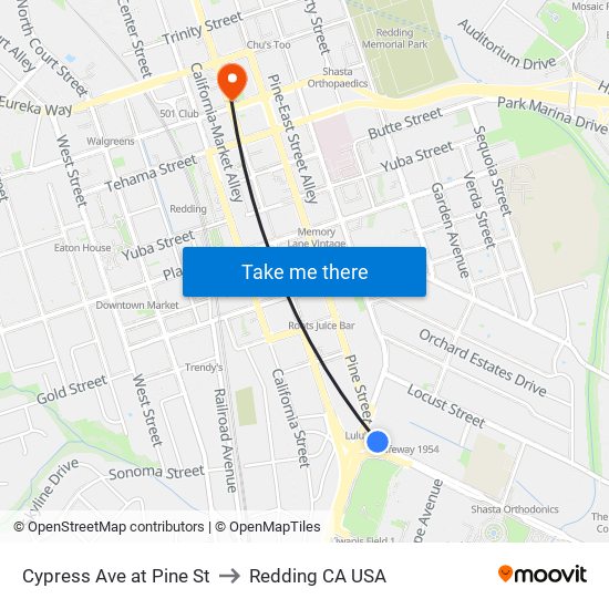 Cypress Ave at Pine St to Redding CA USA map