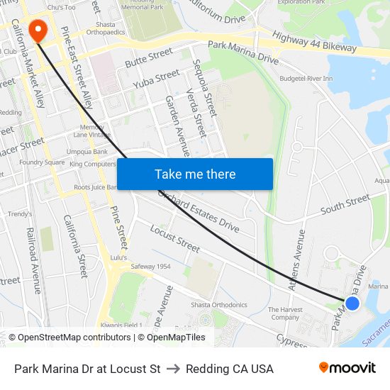 Park Marina Dr at Locust St to Redding CA USA map