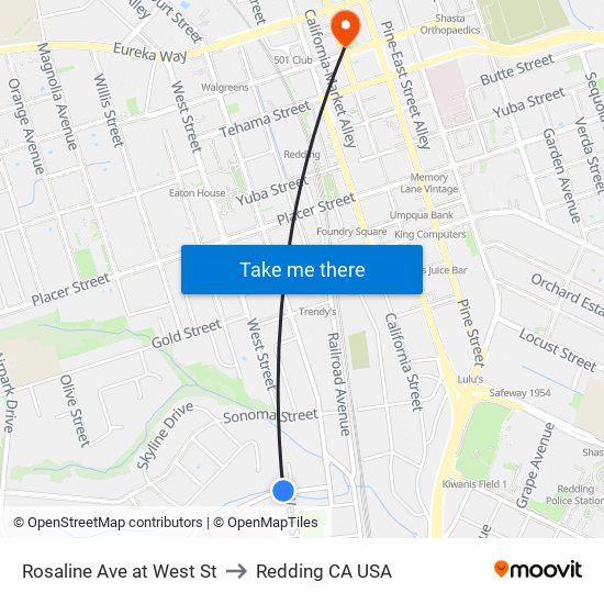 Rosaline Ave at West St to Redding CA USA map