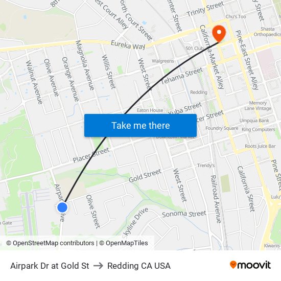 Airpark Dr at Gold St to Redding CA USA map