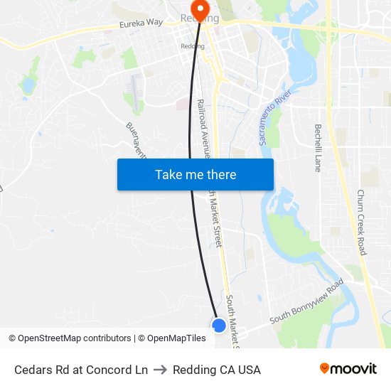 Cedars Rd at Concord Ln to Redding CA USA map