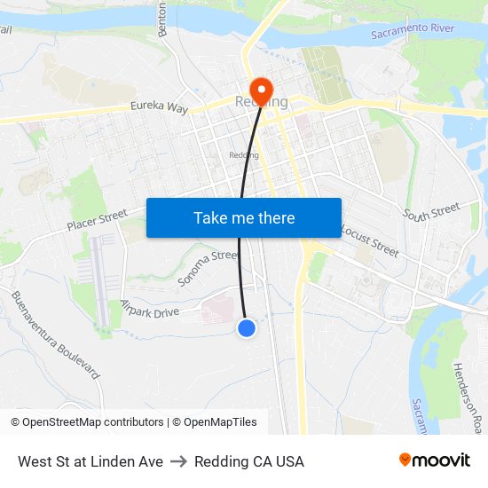 West St at Linden Ave to Redding CA USA map