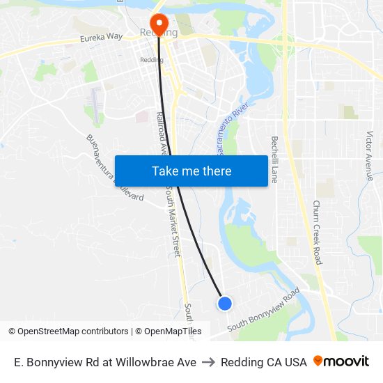 E. Bonnyview Rd at Willowbrae Ave to Redding CA USA map