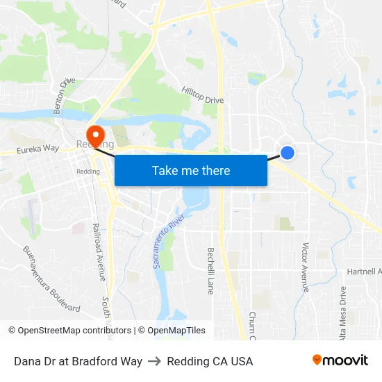 Dana Dr at Bradford Way to Redding CA USA map