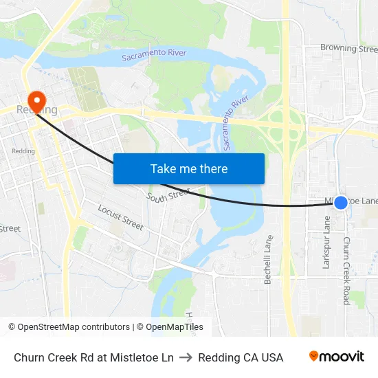 Churn Creek Rd at Mistletoe Ln to Redding CA USA map