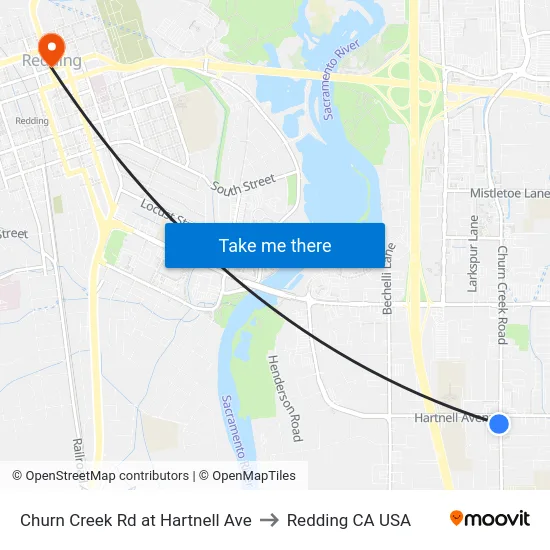 Churn Creek Rd at Hartnell Ave to Redding CA USA map