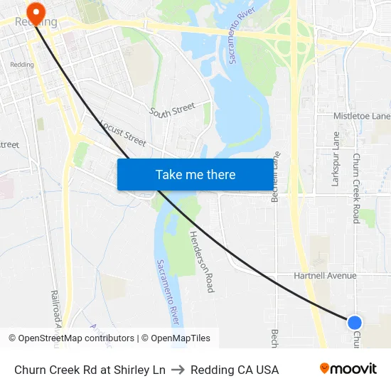 Churn Creek Rd at Shirley Ln to Redding CA USA map