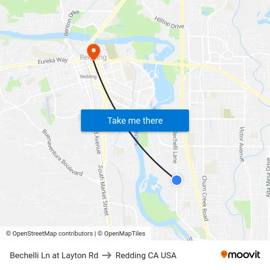 Bechelli Ln at Layton Rd to Redding CA USA map