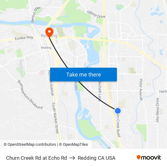 Churn Creek Rd at Echo Rd to Redding CA USA map