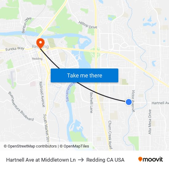 Hartnell Ave at Middletown Ln to Redding CA USA map