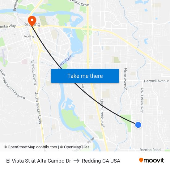 El Vista St at Alta Campo Dr to Redding CA USA map