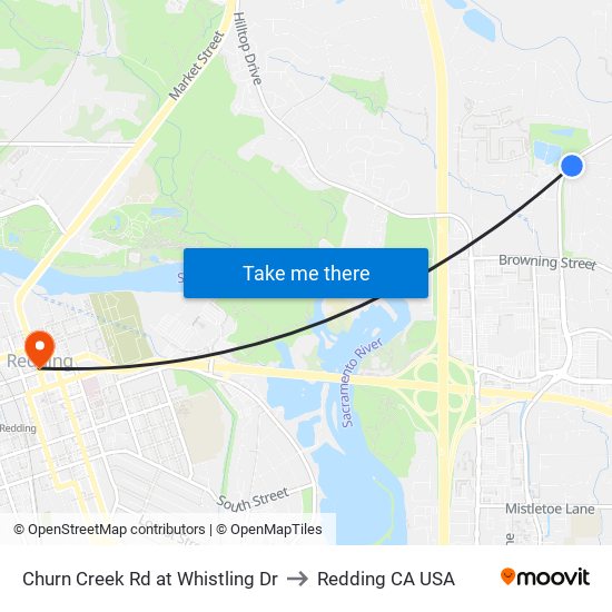 Churn Creek Rd at Whistling Dr to Redding CA USA map