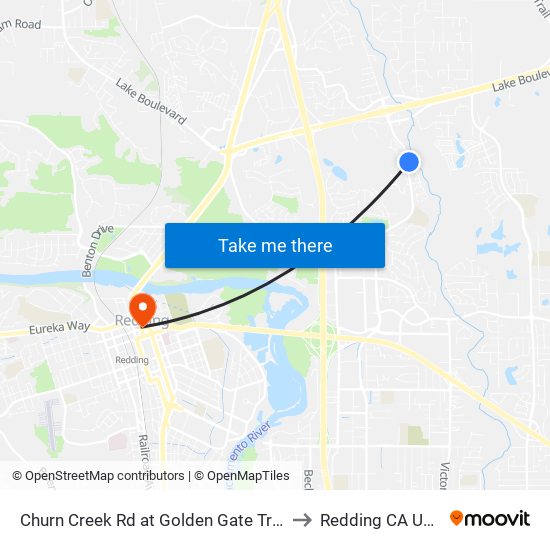 Churn Creek Rd at Golden Gate Trail to Redding CA USA map